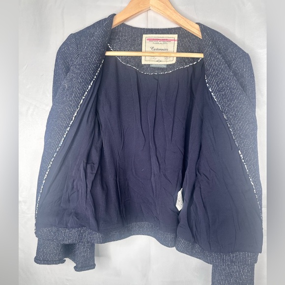Anthropologie Cartonnier Navy Pinstriped Wool Blend Bell Sleeve Blazer Size 4 - Picture 12 of 14